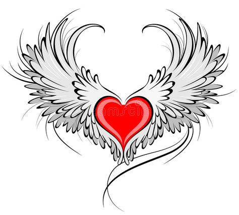 Red heart of an angel. Artistically painted red heart with angel wings gray, decorated with black smooth contour stock illustration Angel Tats, Wing Quotes, Herz Tattoo Klein, Heart Pentagram, Facebook Cover Images Wallpapers, Heart With Wings Tattoo, Facebook Cover Photos Hd, Facebook Cover Photos Love, Master Drawings