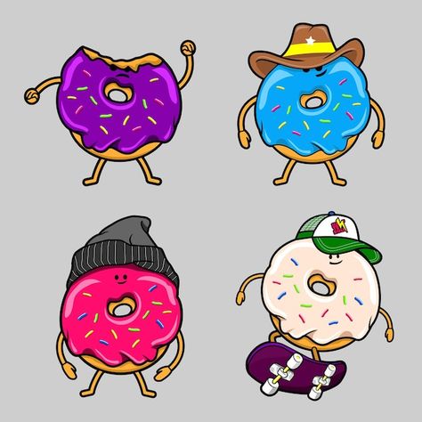 Illustration of a collection of donuts c... | Premium Vector #Freepik #vector #doughnut #dessert #glaze #cake-cartoon Donut Character, Restaurant Menu Card, Hot Dog Restaurants, Donut Cartoon, Donut Art, Donut Vector, Notebook Doodles, Different Poses, Free Vector Illustration