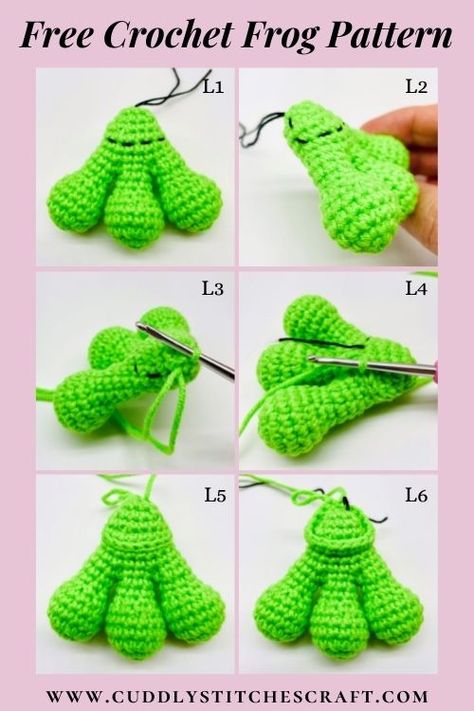 Crochet this cute Amigurumi frog with my free crochet frog pattern. I love crocheting DIY plushies as they make a great gift for kids who love their stuffed animals. Crochet toys are such fun to make and although they may look hard to make, trust me they are not. This tutorial will help you step by step with how to crochet this adorable frog. View my free Amigurumi patterns to find a crochet animal toy you'll love! #crochetanimals #crochetfrogpattern #crochettoys #amigurumi #crochetdolls Large Crochet Frog Pattern, Free Crochet Frog Pattern Amigurumi, Bokoblin Crochet, How To Crochet Frog, Crochet Leggy Frog Free Pattern, Free Crochet Frog Patterns, Free Frog Crochet Pattern, How To Crochet A Frog, Leggy Froggy Crochet Pattern Free