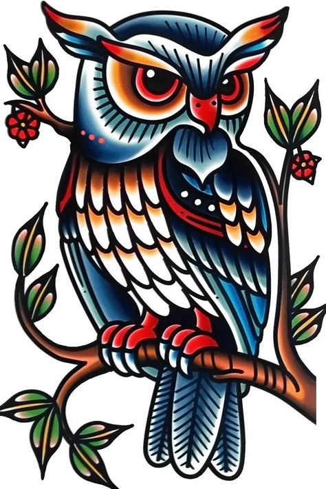 Tattoo idea: tattoo sketch Owl Perched on a tree branch at night. 3 American Traditional Owl Tattoo, Owl Traditional Tattoo, Traditional Owl Tattoo, Traditional Owl, Traditional Owl Tattoos, Americana Tattoo, Tarot Card Tattoo, Idea Tattoo, Stencil Outline