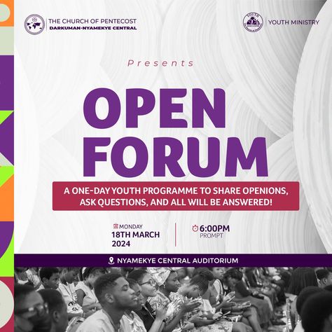 OPEN FORUM - Church program flyer. Designed by @kellandmedia #Kellandmedia #kellandgrafix #openforum #creativityispriceless #flyers #graphicdesign #businesscards #design #graphicdesigncontestgh #graphicdesigner #logo #flyer #printing #logos #banners #branding #banner #marketing #posters #graphics #art #stickers #poster #designer #flyerdesigner #print #photoshop #brochures #flyersdesign #flyerdesigns Church Program Flyer, Flyer Printing, Youth Programs, Church Graphic Design, African Fashion Women Clothing, Youth Ministry, Art Stickers, Flyer Design, African Fashion