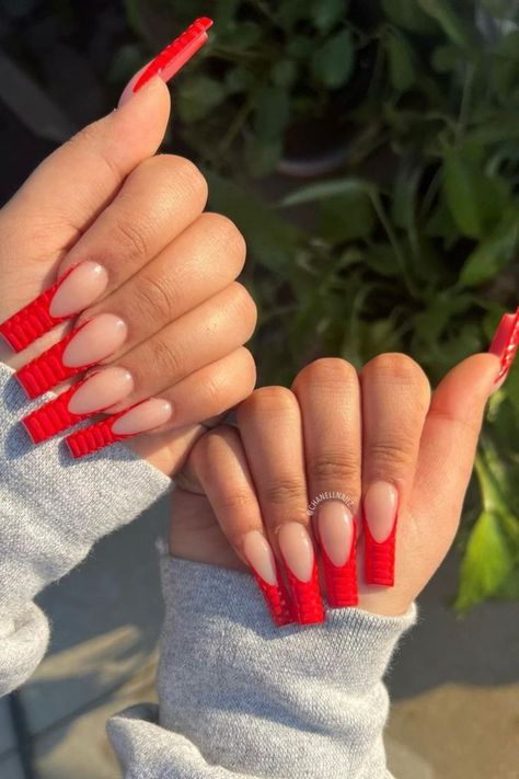 Coffin French Tip Nails, Nails Form, Red French Nails, Coffin French Tip, French Nail Ideas, Tip Nail Designs, Long Red Nails, Tapered Square Nails, Acrylic Toe Nails