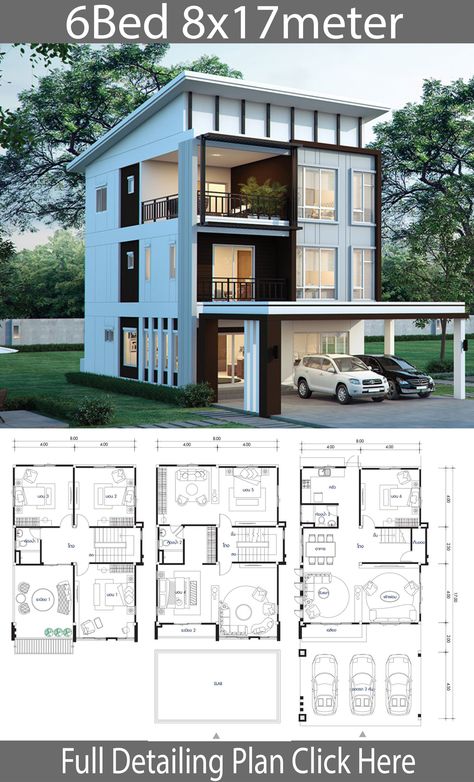 Home Design Plan 11x13m With 3 Bedrooms - Home Design With Plan F7A House Plans Modern, 6 Bedroom House Plans, 3 Storey House Design, Modern House Floor Plans, Two Story House, Sims House Plans, House Construction Plan, House Layout Plans, Model House Plan