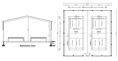 Badminton court Plan and Elevation With DWG File.This Shows badminton court Plan and section of Dimension Detail with two shop in drawing ............................................................... Badminton Hall Design, Indoor Badminton Court Design, Gor Badminton, Badminton Court Design, Sport Building, Stair Design Architecture, Plan And Elevation, Car Papercraft, Stadium Architecture