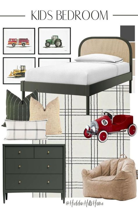 Boys Bedroom Green, Green Boys Room, Decor Mood Board, Boy Room Themes, Construction Bedroom, Boys Bedroom Ideas, Toddler Boy Room Decor, Boy Toddler Bedroom, Cane Bed