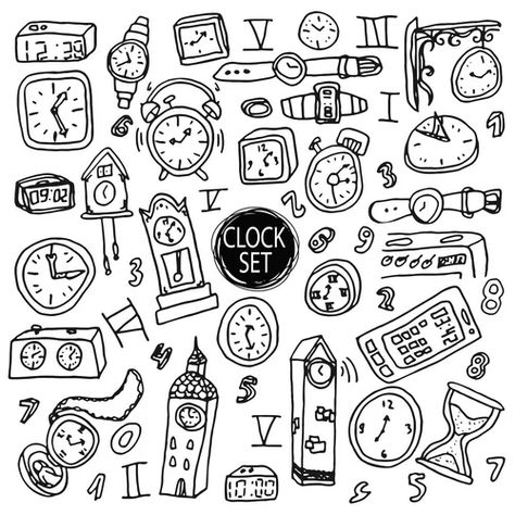 Doodle watch clock icons hand drawn time Vector Image Cute Clock Drawing, Time Drawing Clock, Alarm Drawing, Clock Drawing Simple, Doodle Watch, Clock Doodle, Clocks Aesthetic, Time Doodle, Clock Drawing