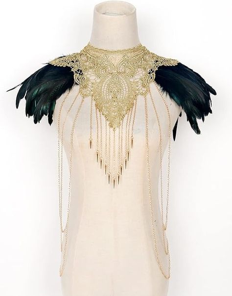 Amazon.com: L'VOW Women's Halloween Costume Accessories Gothic Feather Epaulettes Cape Lace Collar Necklace Punk Body Chain Harness (Gold) : Clothing, Shoes & Jewelry Priestess Photoshoot, Steampunk Chest, Feather Shawl, Accessories Gothic, Chest Chain, Gold Clothing, Body Chain Harness, Chain Harness, High Priestess