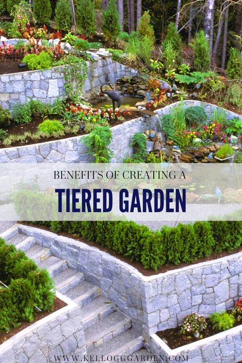 Tiered Landscapes Pin Regenerative Gardening, Tiered Landscape, Steep Gardens, Terraced Garden, Side Ideas, Terraced Landscaping, Terrace Garden Ideas, Enclosed Porch, Sloped Yard