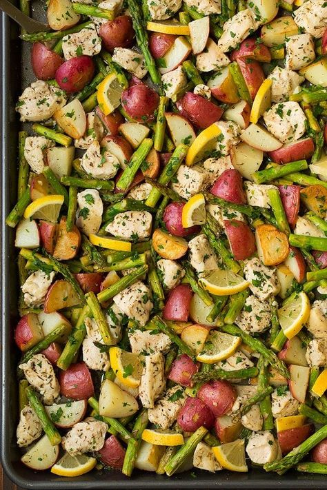 Lemon Chicken Asparagus and Potato Sheet Pan Dinner - Cooking Classy Dinner Asparagus, Potato Sheet Pan Dinner, Potato Sheet Pan, Dinner Potatoes, Potatoes And Chicken, One Pan Dinners, Sheet Pan Dinners Chicken, Pan Cooking, Sheet Pan Suppers