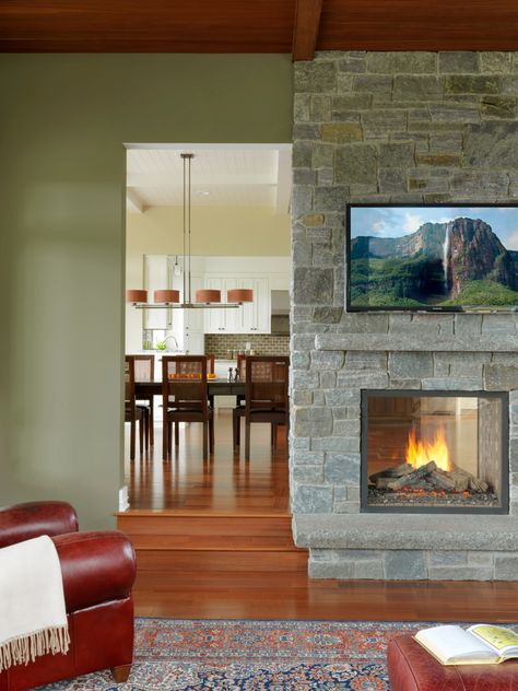 Double-sided fireplace - Fine Homebuilding Fireplace Between Living And Dining, Rv Fireplace, Side Fireplace, Double Sided Gas Fireplace, Fireplace Feature, Tahoe House, Craftsman Fireplace, Country Fireplace, Suite Bedroom