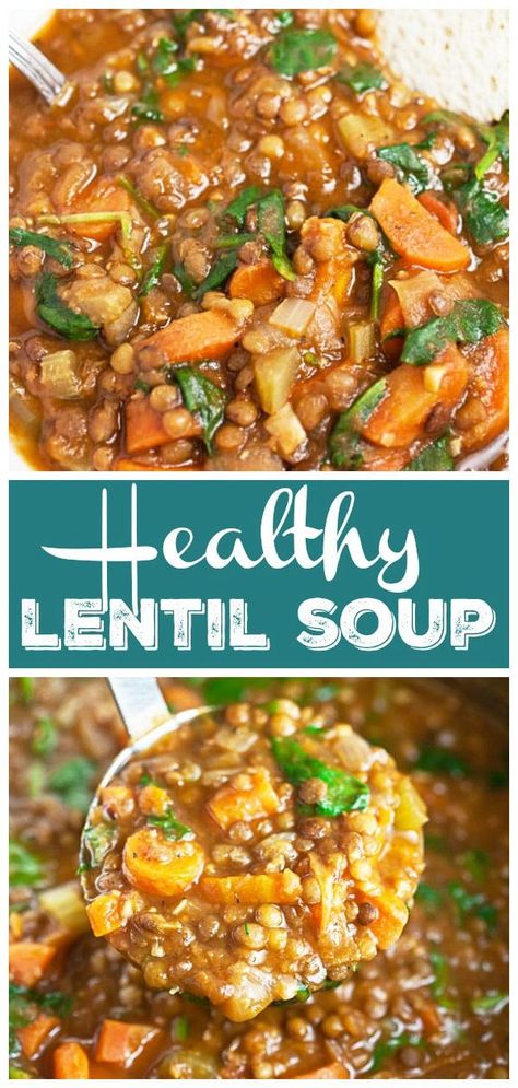 Healthy Lentil Soup, Carrots And Spinach, Instant Pot Lentil Soup, Soup Spinach, Clean Eating Soup Recipes, Clean Eating Soup, Mediterranean Flavors, Lentil Soup Recipe, Vegetarian Instant Pot