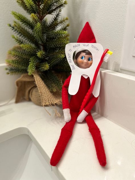 Elf On Shelf Brush Teeth, Elf On The Shelf Ideas Brushing Teeth, Elf Fixing Car, Elf In The Shelf Funny, Elf Brushing Teeth, Elf On Shelf Two Elves, Elf On The Shelf Ideas For Toddlers Bad, Elk On The Shelf Ideas Elves, Elf On The Shelf Band Aid Ideas