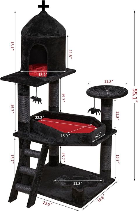 Gothic Cat Tree with Coffin Bed，55" Cat Tower with Spacious Cat Condo，Scratching Posts，Spider Hanging Ball，Multi-Level Cat Activities Furniture for Large Cats, Coffin Bed, Cat Activities, Unique Cat Trees, Cat Castle, Diy Cat Tree, Cat Towers, Cat Activity, Goth Home, Goth Home Decor