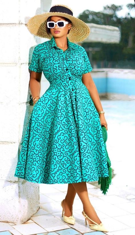 Flare Dress Outfit Classy, Shirt Collar Dress, Kitenge Designs, Floral Dress Design, African Fabric Dress, Classy Gowns, African Styles, Long Gowns, Short Dress Styles