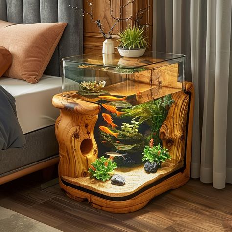 Wooden Aquarium Bedside Tables That Bring Serenity to Your Bedroom Table Aquarium Ideas, Wooden Table Lamps For Bedroom, Fish Tank Table Ideas, Fishtank Ideas Furniture, Fish Tanks In Bedrooms, Aquarium Design Ideas House, Fish Tank Themes Creative, Big Aquarium Living Rooms, Cute Fish Tank Ideas