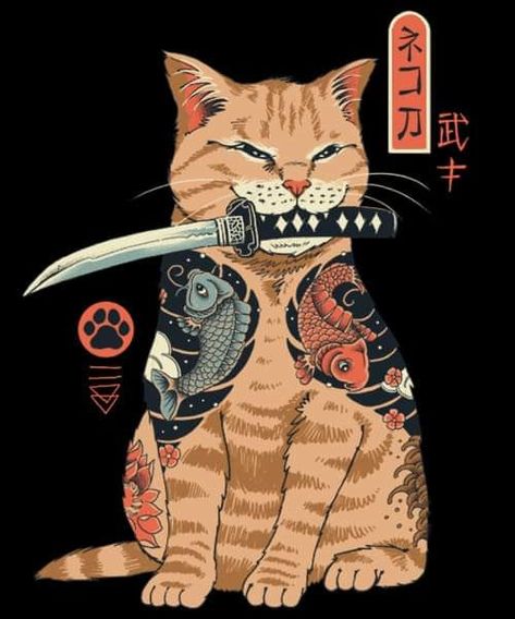 Catana Samurai Artwork, Japanese Tattoos, Japanese Artwork, Japanese Cat, Japon Illustration, Samurai Art, Japanese Tattoo Art, Maneki Neko, Japan Art