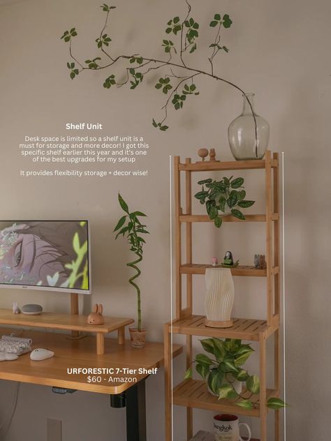 Boho Desk Inspiration, Plant Desk Setup, Apartment Desk Ideas, Apartment Desk Setup, Boho Desk Space, Desk Space Aesthetic, Work Room Ideas, Desk Set Up, Desk Organization Ideas Aesthetic