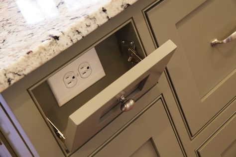 Bathroom Cabinet Electrical Outlet, Hidden Light Switch Ideas, Waterfall Island Power Outlet, Waterfall Island Kitchen Outlet, Plugs Under Kitchen Cabinets, Island Outlet Placement, Hidden Kitchen Plugs, Outlets In Pantry, Hiding Kitchen Outlets