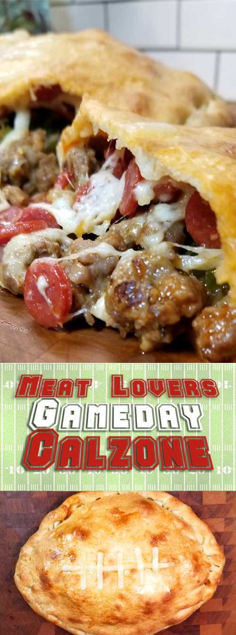 This Meat Lovers Gameday Calzone has all the fixings of a cheesy supreme pizza in a Football Calzone form. Fun to make and even more fun to eat! Perfect for a Super Bowl party or any gameday! #superbowlfood #partyrecipe #calzonerecipe via @sparklesofyum Calzone Recipe Easy, Stromboli Recipe, Calzone Recipe, Italian Pizza Recipe, Supreme Pizza, Bowl Party Food, Meat Appetizers, Pizza Recipes Homemade, Super Bowl Party