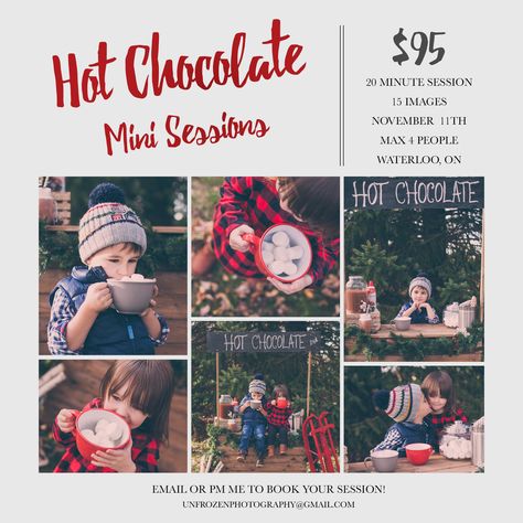 Christmas Mini Sessions Pricing, Hot Chocolate Photography Mini Sessions, Hot Cocoa Mini Session Photo Shoot, Photography Mini Sessions Pricing, Winter Mini Photo Sessions, Hot Chocolate Mini Session, Santa Mini Session Ideas Outdoors, Winter Mini Session Ideas, Fall Mini Sessions Set Up