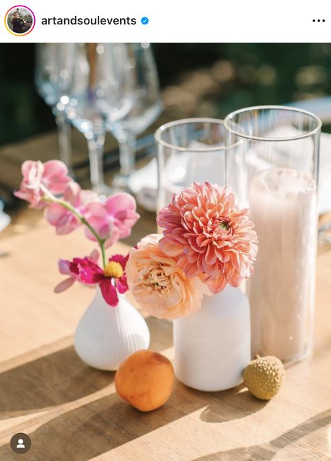 Like bud vase + candles; possibly good idea since need space on tables for food Colorful Wedding Flowers Bud Vases, Bud Vases With Colorful Flowers, Orange Bud Vases, Pink And Orange Bud Vases, Pink Budvase On Cocktail Table, Sunset Wedding Theme, Bud Vases Arrangements, Orange Table, Jaune Orange