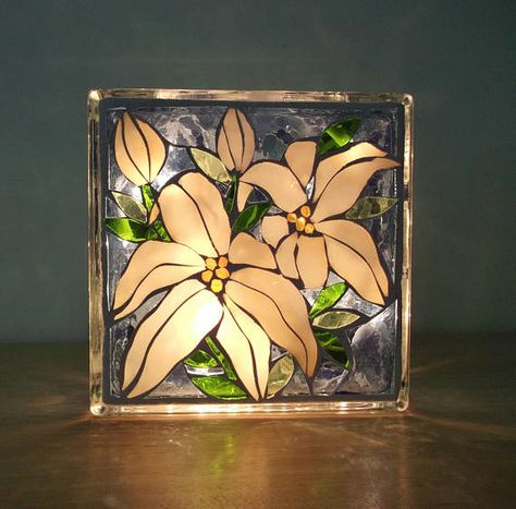 Lily And Roses, Stained Glass Lily, Painted Glass Blocks, Lilies And Roses, Glass Block Crafts, Stained Glass Mirror, Lighted Glass Blocks, Stained Glass Rose, Glass Suncatchers