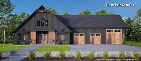 BM2900-G BARNDOMINIUM - Buildmax House Plans House Plans With Shop Attached, Ranch Barndominium Floor Plans, Craftsman Barndominium, Barndominium With Rv Garage, Shop House Plans Barndominium, Modern Shop House, Ranch Style Barndominium, Shop House Floor Plans, One Story Barndominium Floor Plans