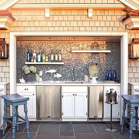 100 DIY Backyard Outdoor Bar Ideas to Inspire Your Next Project - Page 4 of 4 Nautical Bar, Living Pool, Bar Exterior, Outdoor Kitchen Bars, Beach House Kitchens, Backyard Bar, Outdoor Living Rooms, Kitchen Surfaces, Built In Grill