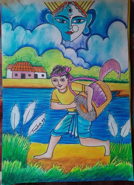 Oil pastel drawing for kids Durga Puja Drawing For Kids, Oil Pastel Drawing For Kids, Durga Drawing, Beautiful Scenery Drawing, Diy Baby Costumes, Vegetable Drawing, Happy Durga Puja, Drawing Scenery, Human Figure Sketches