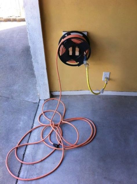 DIY Garage Organization Ideas - Homemade Extension Cord Winder Mount - Ideas for Storage, Storing Tools, Small Spaces, DYI Shelves, Organizing Hacks Extension Cord Organization Garage, How To Maximize Storage Space, Garage Orginazation Ideas, Garage Cooler Storage, Creative Garage Storage, Cheap Garage Storage Ideas, Metal Garage Storage Ideas, Cooler Storage Ideas Garage, Curtains In Garage Storage Ideas