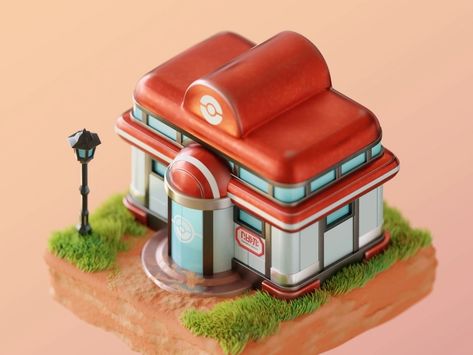 Pokemon Center by Pablo Marín on Dribbble Pokemon Buildings, Sci Fi Home, Dioramas Ideas, Pokemon Stadium, New Pokemon Game, 3d Pokemon, Pokemon Ideas, Area Map, Isometric Art