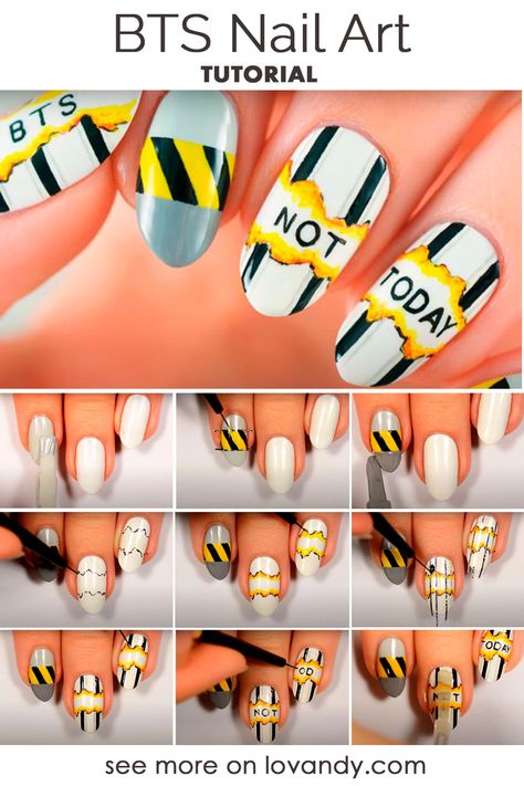 How to make an easy-to-do BTS nail design, dedicated to one of the band’s most famous songs – “Not Today”. Cool and bright nail aesthetic #nail #naildesign #bts #btsarmy #nailaesthetic Bts Nail Art Designs, Bts Nails Designs, Bts Inspired Nails, Bts Nails, Pop Nails, Army Nails, K Pop Nails, Make Step By Step, Famous Songs