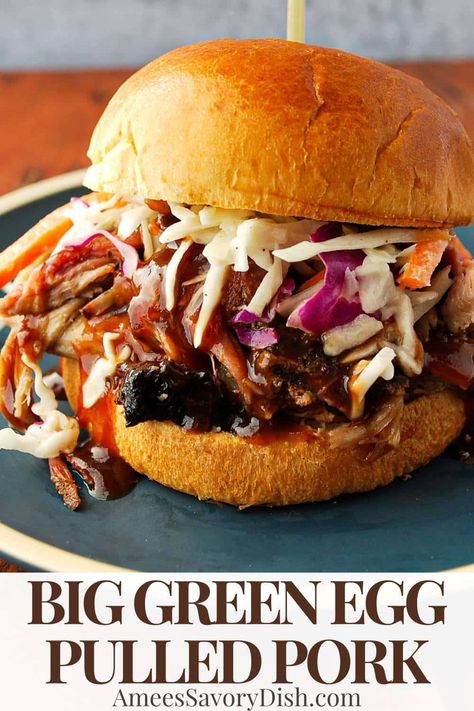 This Big Green Egg pulled pork recipe is easy, delicious, and fool-proof. Learn how to make great barbecue with these simple steps. via @Ameessavorydish Big Green Egg Pulled Pork, Grilled Pulled Pork, Recipe For Pulled Pork, Carolina Pulled Pork, Big Green Egg Grill, Big Green Egg Recipes, Egg Grill, Pulled Pork Recipe, Amazing Breakfast