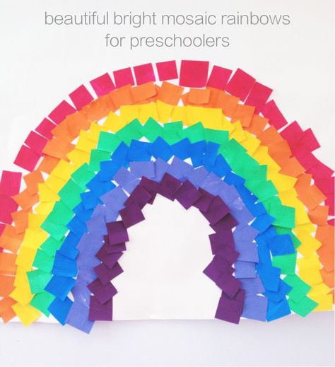 Colourful mosaic rainbows | Weather crafts | weather art activities | mosaic for preschoolers | Daisies & Pie Rainbow Crafts Preschool, Preschool Weather, Rainbow Project, Weather Crafts, Rainbow Craft, Rainbow Activities, Spring Crafts For Kids, St Patrick's Day Crafts, Rainbow Crafts