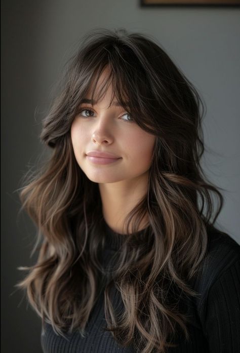 Bangs Wavy Hair, Rambut Brunette, Hair Inspiration Long, 사진 촬영 포즈, Haircuts For Wavy Hair, Haircuts For Medium Hair, Long Hair With Bangs, Long Layered Hair, Haircuts For Long Hair