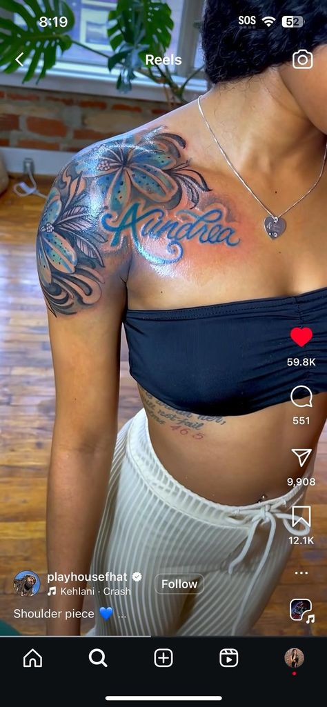 Blue Ink Tattoos Black Women, Tattoos On Black People, Blue Tattoo On Brown Skin, Colored Tattoos On Brown Skin, Tattoo On Brown Skin, Blue Tattoos, Tattoos Black Women, Black People Tattoos, Blue Ink Tattoos