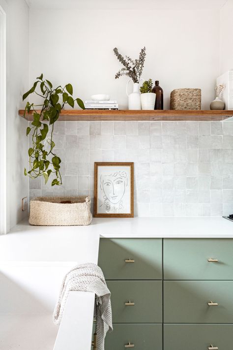 Berkeley Vale Cottage by AMA Studio Interiors Sage Kitchen, Kitchen Splashback Tiles, Green Tiles, Sage Green Kitchen, Splashback Tiles, Interior Wall Decor, 3d Light, Zellige Tile, Kitchen Splashback