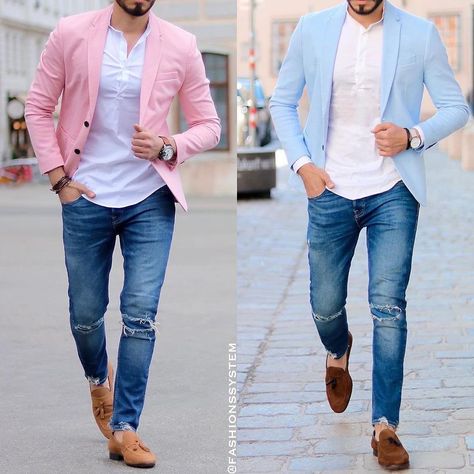 I’m always one step ahead of my other fashionista friends#men #menstyle #fashion Pink Blazer Outfit Men, Pink Blazer Men, Funky Formal, Wedding Guest Outfit Men, Blue Jeans Outfit Men, Sky Blue Blazer, Pink Top Outfit, Pink Blazer Outfit, Formal Attire For Men