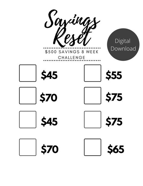 Reset your finances with a quick 8 week $500 savings challenge. PDF downloaded right to your phone and available to you to start your financial reset. 8 Week Savings Challenge, Money Saving Challenge Biweekly Low Income, 500 Saving Challenge, 500 Savings Challenge, Saving Methods, Saving Money Chart, Savings Chart, Money Chart, Money Saving Methods