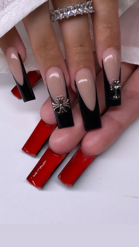 Black Frenchies Nails Long, Long Nail Designs Red And Black, Black Nails Black Rhinestones, Black French Tip Nails Square With Charms, French Tip Nails Red And Black, Black Acrylic Nails With Cross Charm, Black French Red Bottom Nails, Red And Black Cross Nails, Black French Tip Nails Red Bottoms