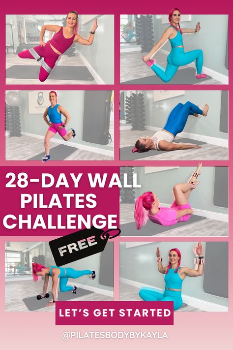 28 day Wall Pilates Free Challenge Free Wall Pilates Workout For Seniors, 21 Day Wall Pilates Workout Free, Free Wall Pilates Workout Chart, 28 Day Wall Pilates Challenge, Free Pilates Workout, Beginner Workout Schedule, Beginner Pilates Workout, Free Workout Plans, Pilates Challenge