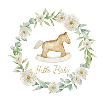 Premium Photo | Watercolor illustration card welcome baby with eucalyptus frame and horse isolated on white Rocking Horse Illustration, Baby Party Decorations, Caricature Wedding, Idee Babyshower, Kids Deco, Watercolor Poppies, Baby Room Art, Baby Illustration, Wallpaper Doodle