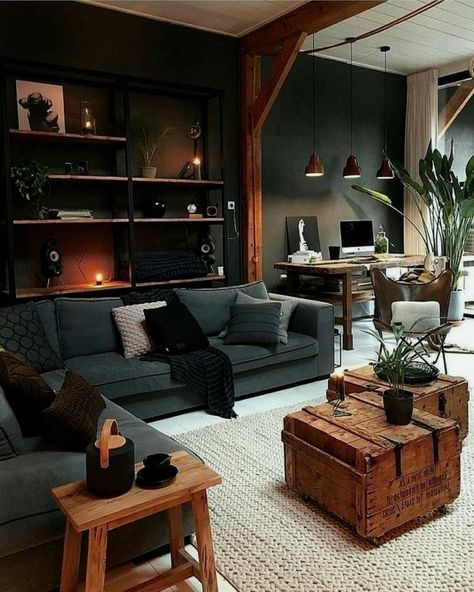 Industrial chic Stil der Wohnung, sichtbare Balken, Kisten als Tische, Pflanzen, Wohnzimmereinrichtungen, Lampen aus Metall Dark Living Rooms, Exterior Modern, Living Room Decor Cozy, Living Room Decor Apartment, Living Room Inspo, Design Living Room, Dream Decor, Cozy Living Rooms, A Living Room