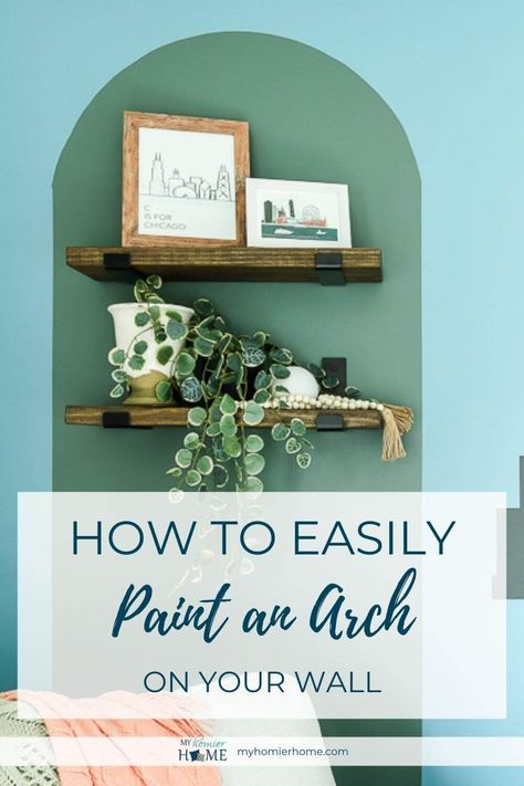 Painted Arch Floating Shelves, Painted Wall With Shelves, Painted Arch On Wall With Shelves, Painted Arch With Floating Shelves, How To Draw An Arch On Wall, Painted Arch With Shelves, Diy Painted Arch On Wall, Painted Arch Entryway, Painting Arch On Wall