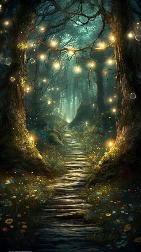 Bioluminescence Forest, Dark Forest Fairy Aesthetic, Magical Painting Ideas, Light Fantasy Art, Fairy Fantasy Aesthetic, Magical Forest Painting, Light In Forest, Fantasy Enchanted Forest, Enchanted Forest Aesthetic