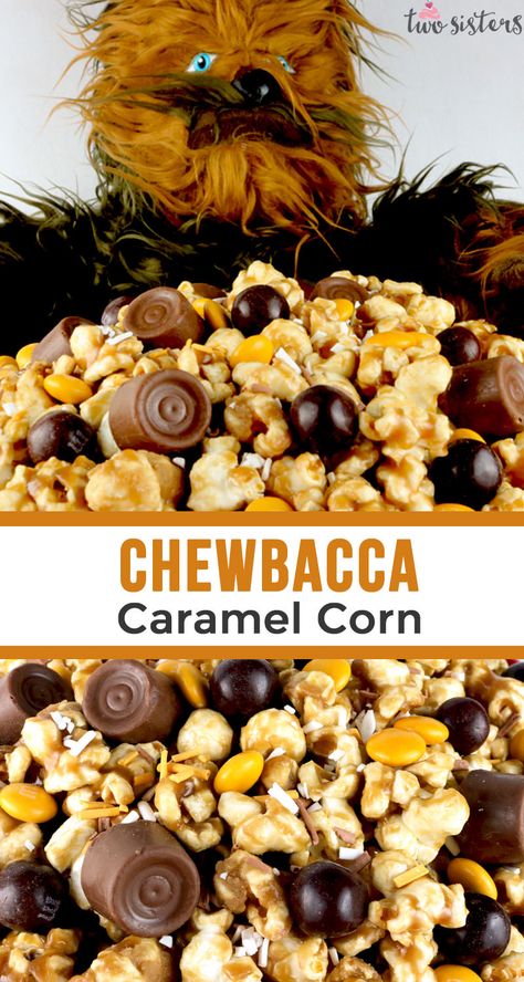 Little known fact .. Wookies love Chewbacca Caramel Corn. It is a popular on Kashyyyk and the Millennium Falcon. It would be a great for a Star Wars Party or a Family Movie Night. Yummy, buttery Caramel Popcorn that is ready to eat in less than 15 minutes. Pin this delicious Star Wars popcorn recipe for later and follow us for more great Star Wars Party Ideas. #StarWars #StarWarsFood #Chewbacca #Popcorn #CaramelCorn #StarWarsParty Star Wars Popcorn, Star Wars Dessert, Star Wars Party Ideas, Star Wars Snacks, Yoda Party, Star Wars Cookies, Perfect Popcorn, Star Wars Food, Puppy Chow Recipes