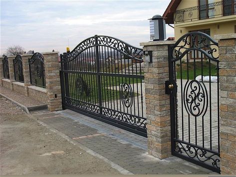 Porch Gate, Steel Fence Panels, Metal Driveway Gates, Fence Gate Design, Modern Gate, Steel Gate Design, Brick Fence, Front Gate Design, Entrance Gates Design