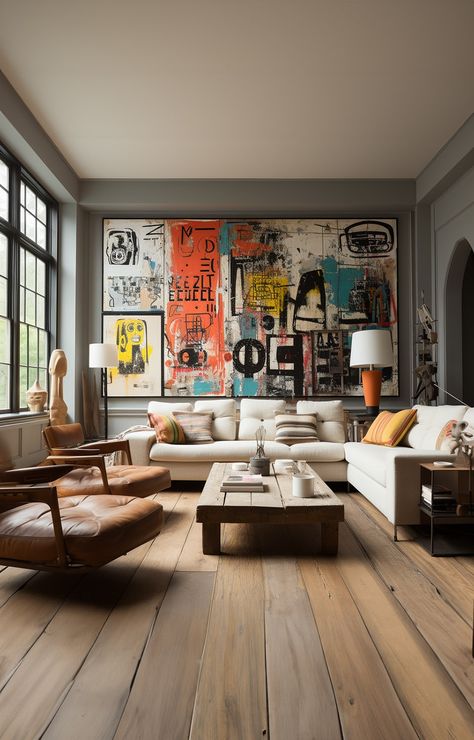 Expressive Street Art in Rustic Interiors | Diego Tirigall Abstract Furniture Design Interiors, Urban Modern Interior Design Living Room, Street Art Home Decor, Street Home Decor, Artists Homes Interior, Street Art Interior Design, Art Wall Inspiration, Street Art Living Room, Basquiat Inspired Art