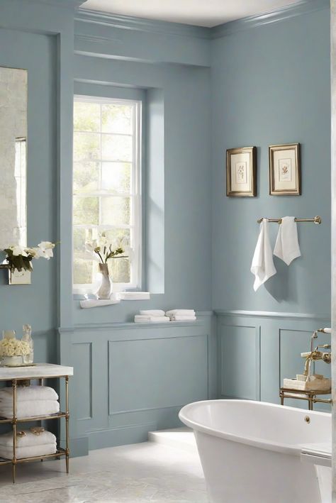 wall painting services, home renovation ideas, painting contractor, home improvement services Behr Blue Bathroom Paint Colors, Bathroom With Wainscotting Paint Colors, Dusty Blue Bathroom Paint, Bathroom Ideas Paint Walls, Fun Wall Colors, Blue Bathroom Paint Colors, Blue Walls Bathroom, Bathroom Wall Paint Colors, Sw Rain