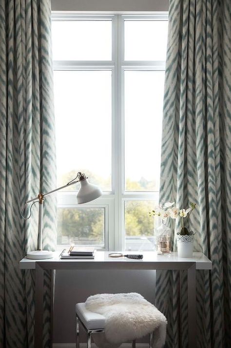 Desk In Front Of Window, Pantone Azul, Ikea Ranarp, Leather Ottoman Coffee Table, Floor Seating Cushions, Diy Corner Desk, Chevron Curtains, Guest Room Office, Green Chevron